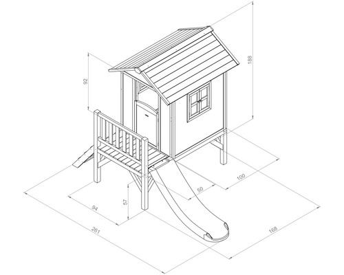 Technische Zeichnung eines Kinderspielhauses mit Rutsche und Abmessungen.