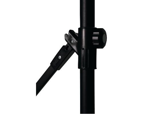 Detailansicht eines schwarzen Stativs mit Verriegelungsmechanismus