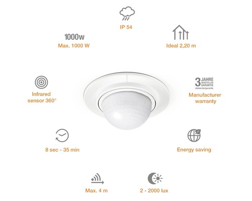 Innenbewegungsmelder mit 360 Grad Infrarotsensor und den technischen Daten: IP 54, maximal 1000 Watt, ideal 2,20 Meter, 8 Sekunden bis 35 Minuten, maximal 4 Meter Reichweite, 2 bis 2000 Lux und 3 Jahre Herstellergarantie.