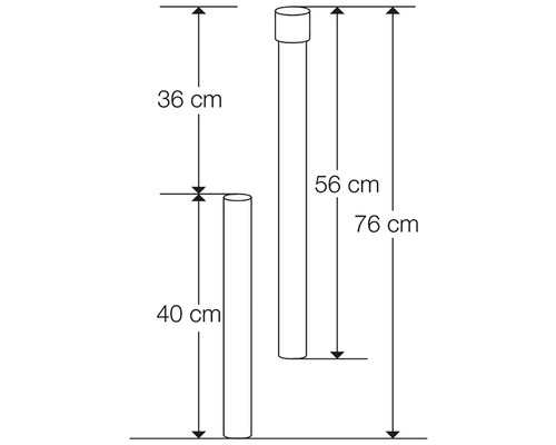 Illustration mit Maßangaben für Pfosten: 40 Zentimeter, 56 Zentimeter und 76 Zentimeter Höhe