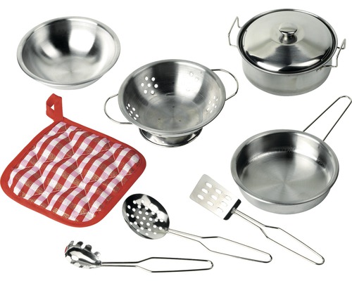 Spielküchen-Set mit Kochtopf, Pfanne, Sieb, Schüssel, Topflappen und Küchenhelfern