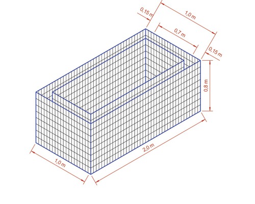 Technische Zeichnung eines Drahtgitterkorbs mit Maßangaben