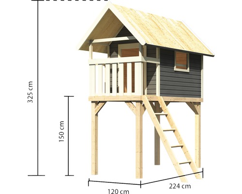 Abmessungen des Spielhauses mit Stelzen: 325 cm Höhe, 224 cm Breite und 120 cm Tiefe.