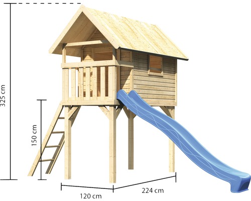 Spielhaus mit Rutsche aus Holz, Maße sind dargestellt