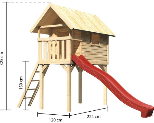 Spielhaus aus Holz mit Rutsche und Leiter, Maße 325 x 120 x 224 cm