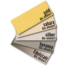 Farbmuster eloxiertes Aluminium in Gold, Sahara, Silber, Havanna und Edelstahl
