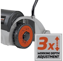 Detailansicht eines Rasenlüfters mit dreifacher Arbeitstiefeneinstellung