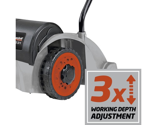 Detailansicht eines Rasenlüfters mit dreifacher Arbeitstiefeneinstellung