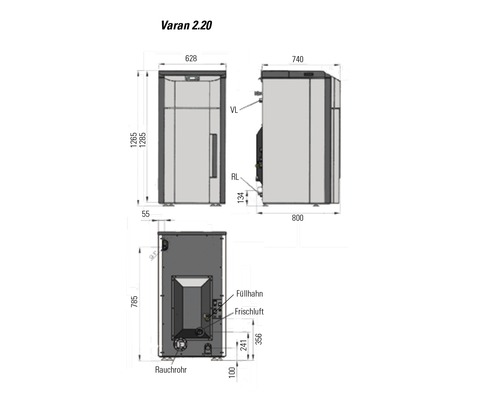 Technische Zeichnung eines Varan 2.20 Ofens mit Maßangaben