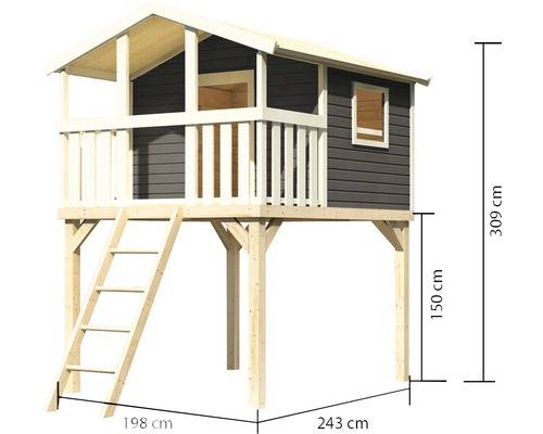 Spielhaus auf Stelzen mit Leiter und den Maßangaben 309 cm Höhe, 150 cm Stelzenhöhe, 243 cm Tiefe und 198 cm Breite
