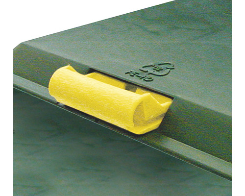 Detailansicht einer Mülltonne mit gelbem Verschluss