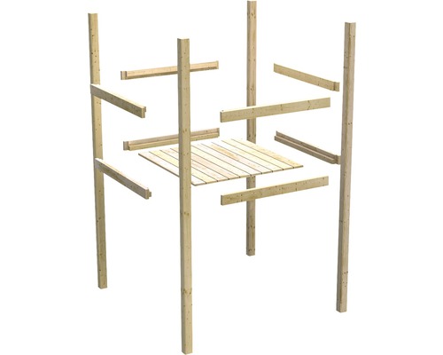 Holzterrasse im Rohbau mit Unterkonstruktion und Pfosten