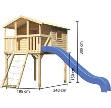 Spielhaus aus Holz mit Rutsche und Kletternetz, Maße 309 cm Höhe, 243 cm Länge Rutsche, 198 cm Länge Kletternetz, 150 cm Höhe Rutsche