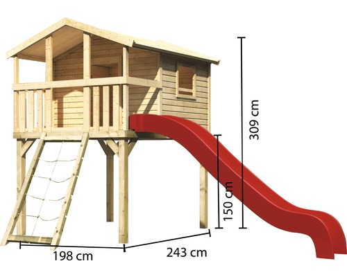 Spielhaus aus Holz mit Rutsche und Kletternetz, Abmessungen 309 x 243 x 198 cm