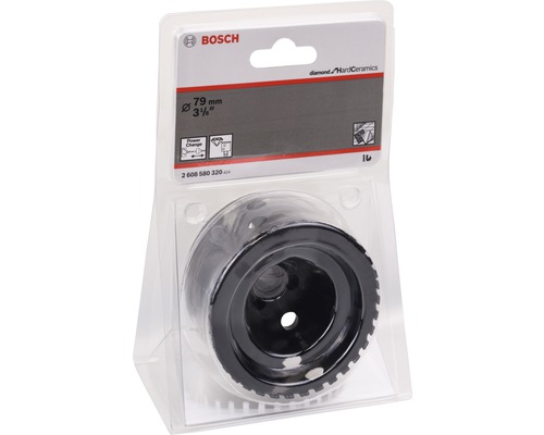 Bosch Logo. Fliesenlochsaege mit 79 Millimeter Durchmesser in Verpackung.