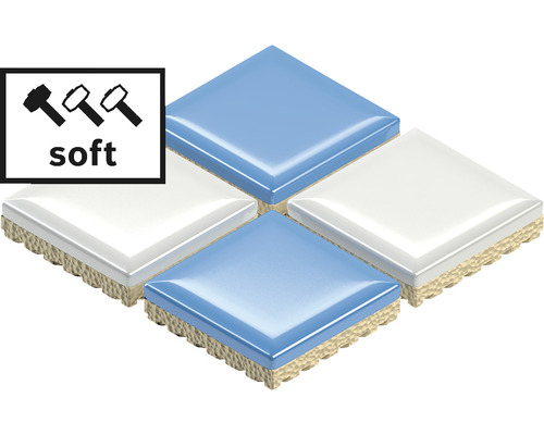 Symbol für weiche Fliesen neben einer Anordnung von hellblauen und weißen Fliesen