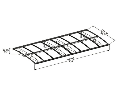 Skizze einer Haustürüberdachung mit den Maßen 447 cm Länge, 139 cm Breite und 33 cm Höhe.