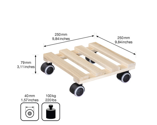 Rolluntersetzer aus Holz mit den Maßen 250 x 250 Millimeter und einer maximalen Traglast von 100 Kilogramm.