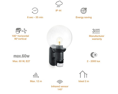 Außenleuchte mit Bewegungsmelder, IP 44, energiesparend