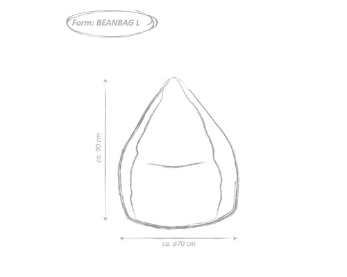 Skizze eines tropfenförmigen Sitzsacks der Größe L mit den Maßen circa 90 mal circa 70 Zentimeter.