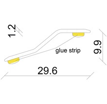 Diagramm einer Zierleiste mit den Maßen 1,2, 6,6 und 29,6 sowie einem Klebestreifen