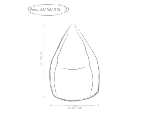 Skizze eines Sitzsacks in XL-Größe mit den Maßen circa 110 cm Höhe und circa 70 cm Durchmesser