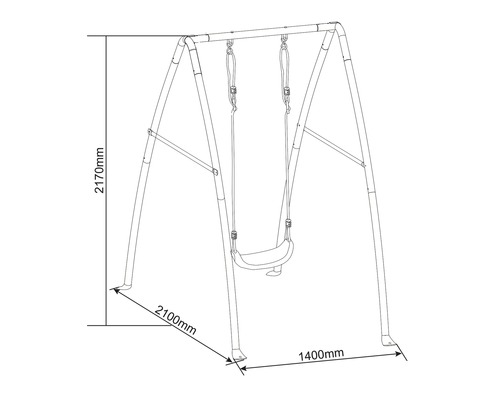 Skizze einer Gartenschaukel mit Maßen: Höhe 2170 Millimeter, Länge 2100 Millimeter, Breite 1400 Millimeter.