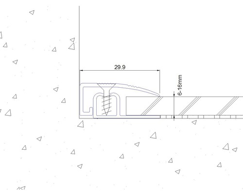 Technische Zeichnung eines Übergangsprofils mit den Maßen 29,9 Millimeter und 6 bis 16 Millimeter.