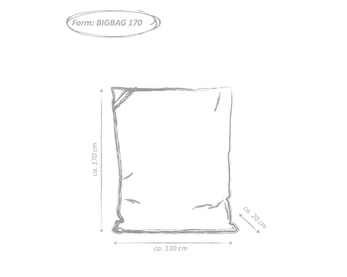 Skizze Bigbag 170 mit den Maßen circa 170 cm Höhe, circa 130 cm Breite und circa 20 cm Tiefe