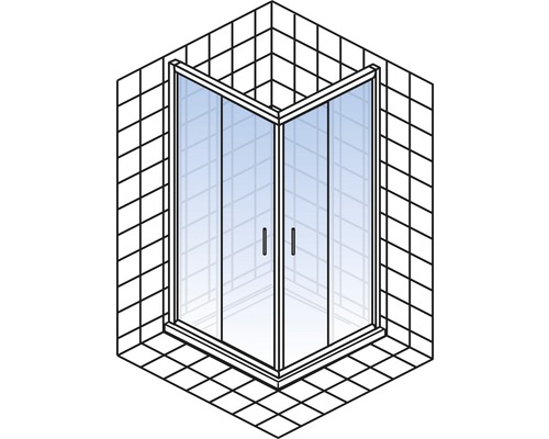 Eckdusche mit zwei Türen und quadratischen Fliesen an Wand und Boden