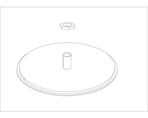 Technische Zeichnung einer Schraubenmutter und einer runden Montageplatte mit Gewinde