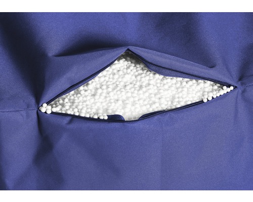 Blaue Sitzsackhülle mit Reißverschluss und Füllung aus Styroporkugeln
