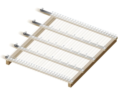 Illustration einer Holzkonstruktion mit durchsichtigen Platten und Befestigungselementen.