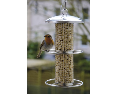 Vogelfutterspender aus Metall mit einem Rotkehlchen