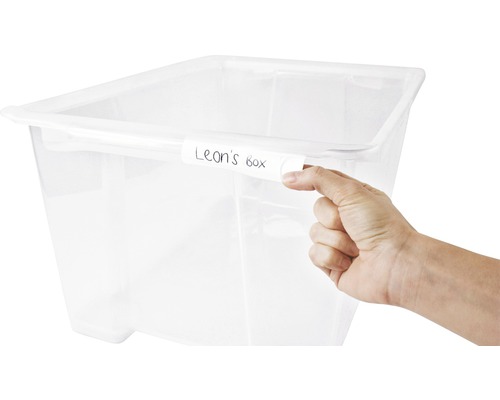 Aufbewahrungsbox aus Kunststoff mit Beschriftung