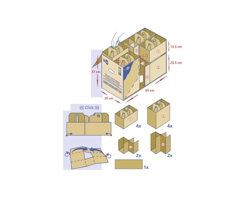 Illustration eines Umzugskartons mit Größenangaben und Anweisungen zum Zusammenbau der Fächer