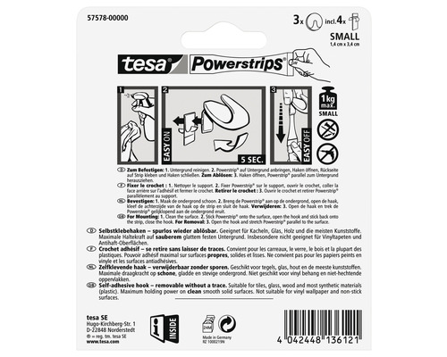 Tesa Powerstrips kleiner Klebehaken, dreifach Pack inklusive vier Klebestreifen, maximale Haltekraft ein Kilogramm