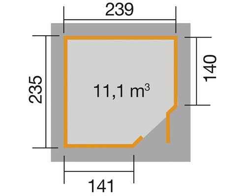 Grundriss mit Maßangaben 239 x 235 x 140 x 141 cm und 11,1 Kubikmeter Rauminhalt