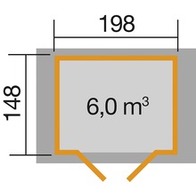 Grundriss mit den Maßen 148 mal 198 und dem Rauminhalt 6,0 Kubikmeter