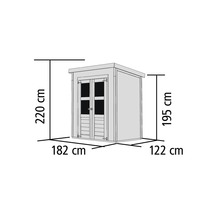 Abbildung eines Gerätehauses mit den Maßangaben 220 cm Höhe, 195 cm Seitenhöhe, 182 cm Breite und 122 cm Tiefe.