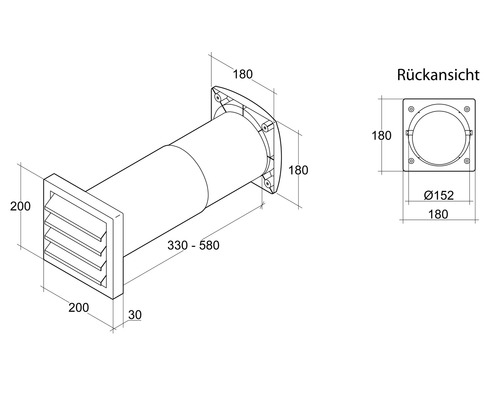 Technische Zeichnung einer Mauerdurchführung mit Lamellen und den dazugehörigen Maßen.