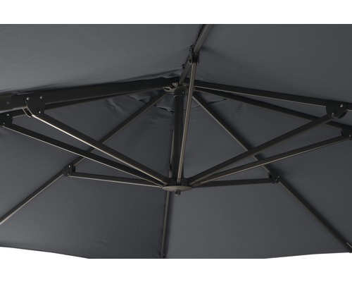 Detailansicht der Unterseite eines Sonnenschirms mit Metallgestell