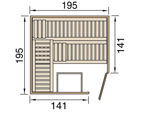Draufsicht einer Sauna mit Maßangaben 195 x 195 cm und 141 x 141 cm