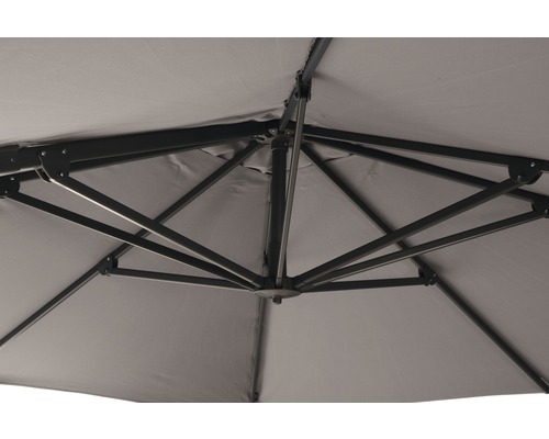 Unteransicht eines Gartenschirms mit Metallgestell