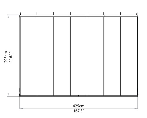 Abmessungen einer freistehenden Terrassenüberdachung: 295 cm Höhe und 425 cm Breite