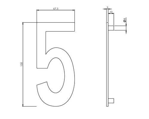 Technische Zeichnung der Hausnummer 5 mit Maßangaben