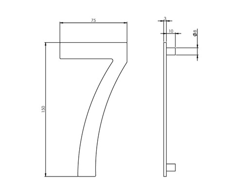 Technische Zeichnung einer Hausnummer Sieben mit Maßen