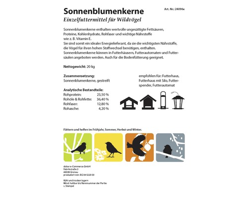 Informationen über Sonnenblumenkerne als Einzelfuttermittel für Wildvögel.