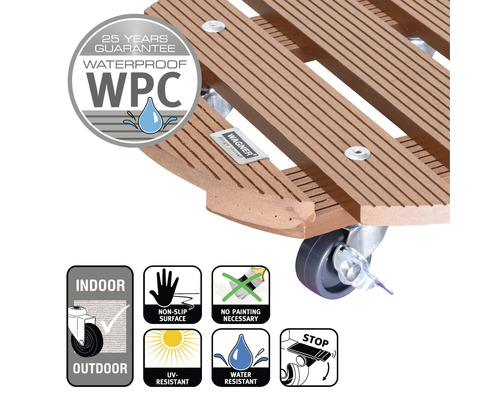 Rolluntersetzer aus WPC mit 25 Jahren Garantie, wasserfest, rutschfester Oberfläche, UV-beständig und wasserabweisend, geeignet für den Innen- und Außenbereich, keine Lackierung notwendig, mit Feststellbremse, Wagner Logo