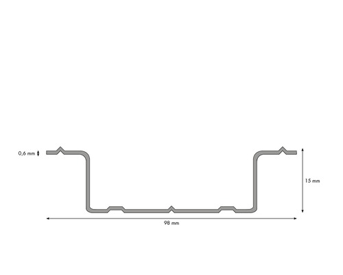 Profilansicht mit Maßangaben: 0,6 mm Stärke, 15 mm Höhe und 98 mm Länge